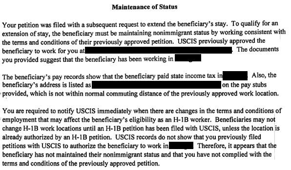 Example of H-1B RFE on missing H-1B amendment due to worksite location change
